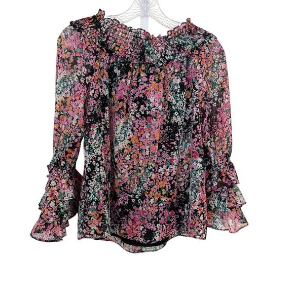 CeCe Off-shoulder Black Floral Print with smocking and ruffles - Picture 3 of 10